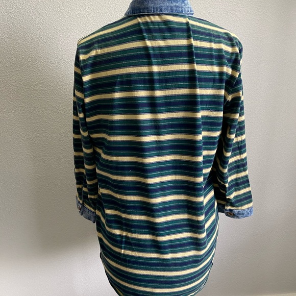 POL Medium Stripe Chambray Collar Wrist Cuff Denimwear Polo Shirt - Picture 4 of 5